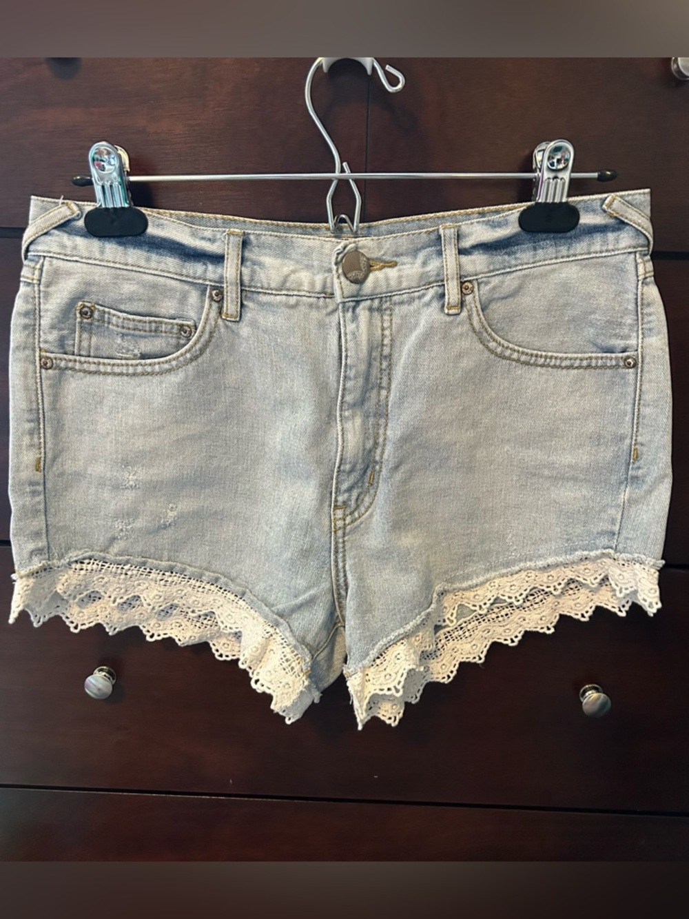Free People Light Wash Denim Shorts with Lace Trim BOHO, Festival,